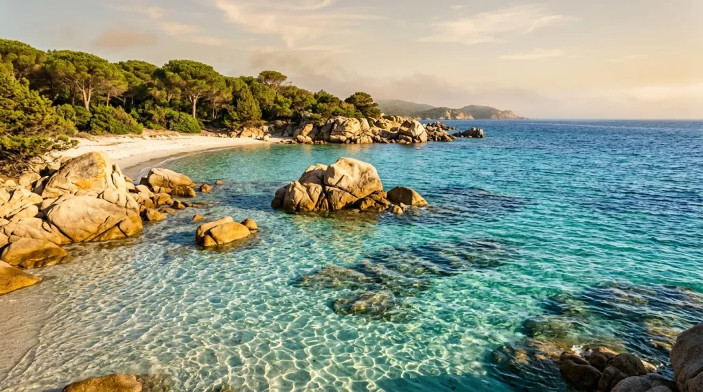 Baie turquoise avec rochers dorés, plage et forêt méditerranéenne