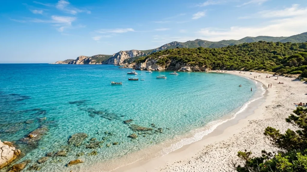 Plage turquoise avec bateaux et falaises boisées méditerranéennes