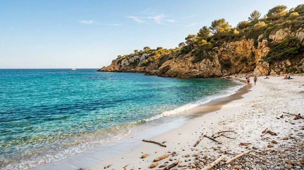 Plage de sable blanc avec eau turquoise et falaises rocheuses