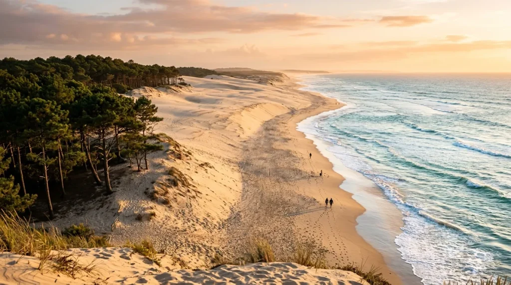 Plage de sable fin avec dunes, forêt de pins et vagues océan