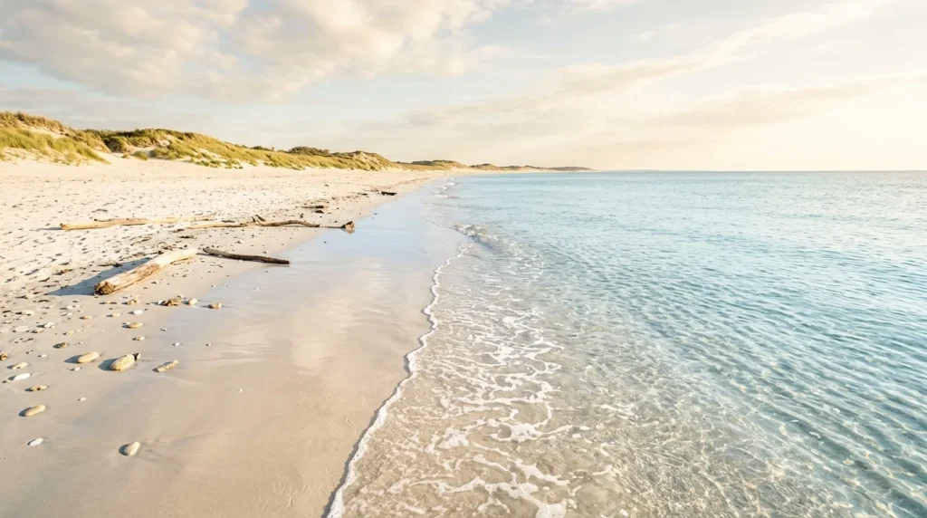 Plage de sable blanc avec vagues et dunes herbeuses