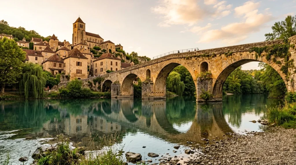 Pont en pierre médiéval enjambant une rivière calme avec village.