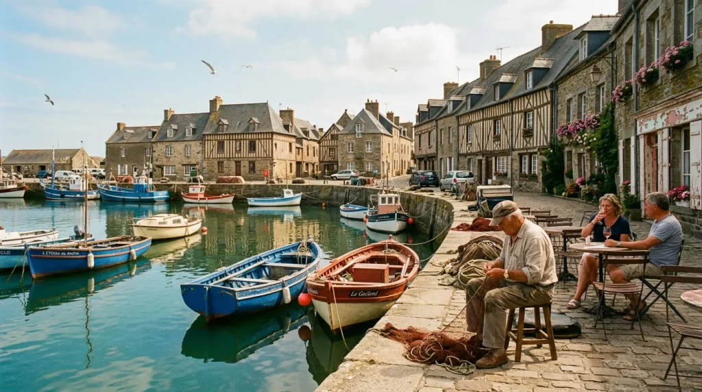 Petit port de pêche français avec bateaux colorés et maisons anciennes