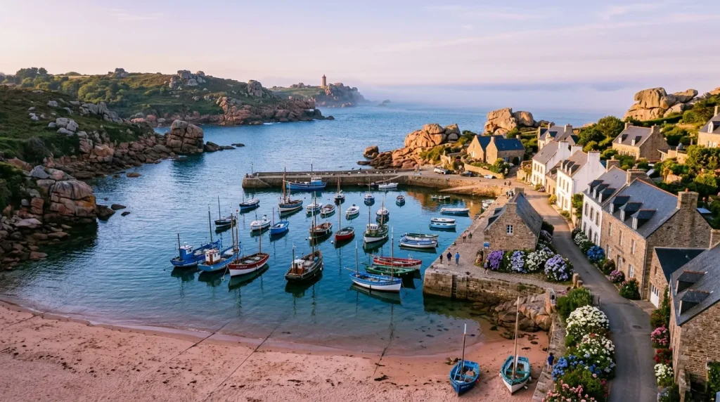 Petit port côtier avec bateaux colorés et maisons bretonnes traditionnelles