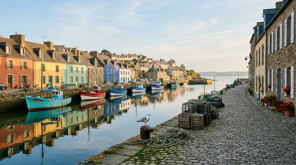 Maisons colorées et bateaux de pêche dans un petit port breton