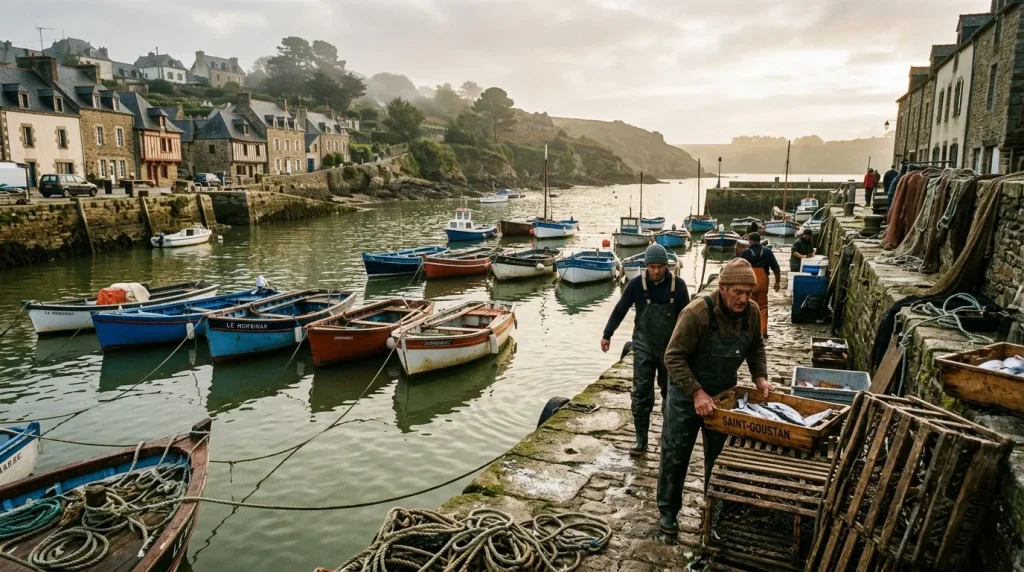 Pêcheurs travaillent dans petit port côtier français avec bateaux colorés
