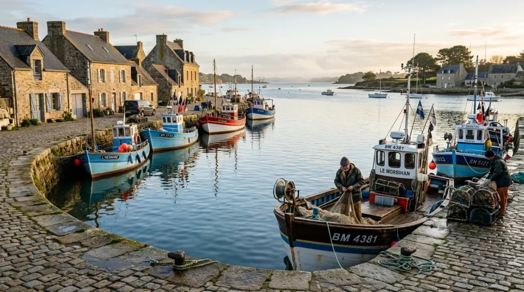Bateaux de pêche bleus amarrés dans un port côtier breton pittoresque