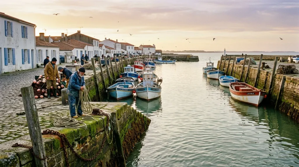 Pêcheurs travaillant sur quai avec bateaux de pêche amarrés