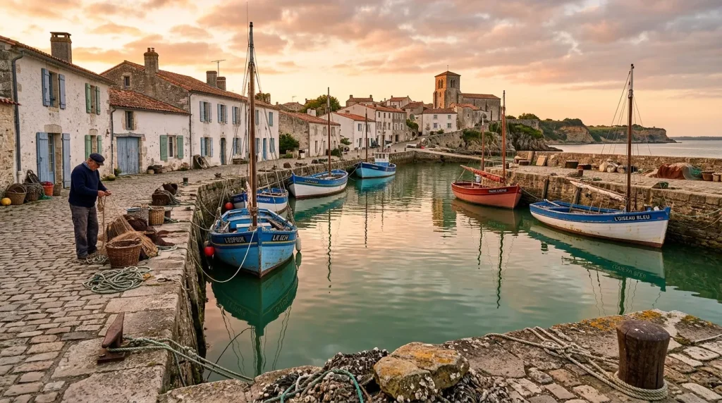 Petit port côtier avec bateaux de pêche bleus amarrés
