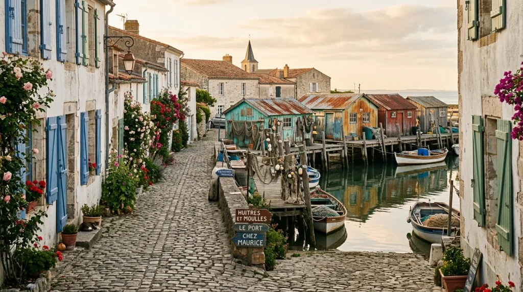 Village côtier français avec maisons blanches, fleurs et bateaux amarrés