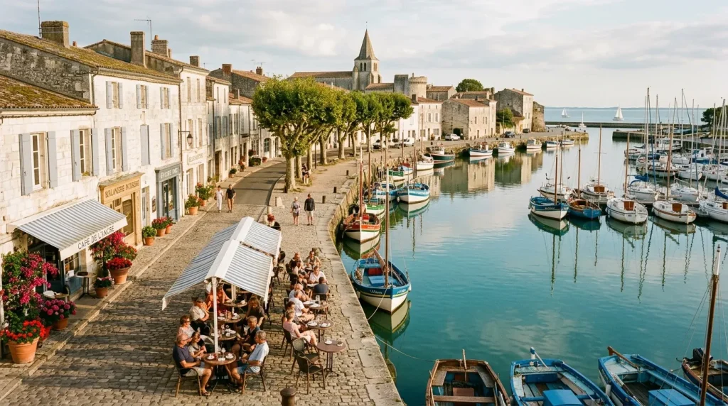 Village côtier avec port, bateaux et terrasse de café animée