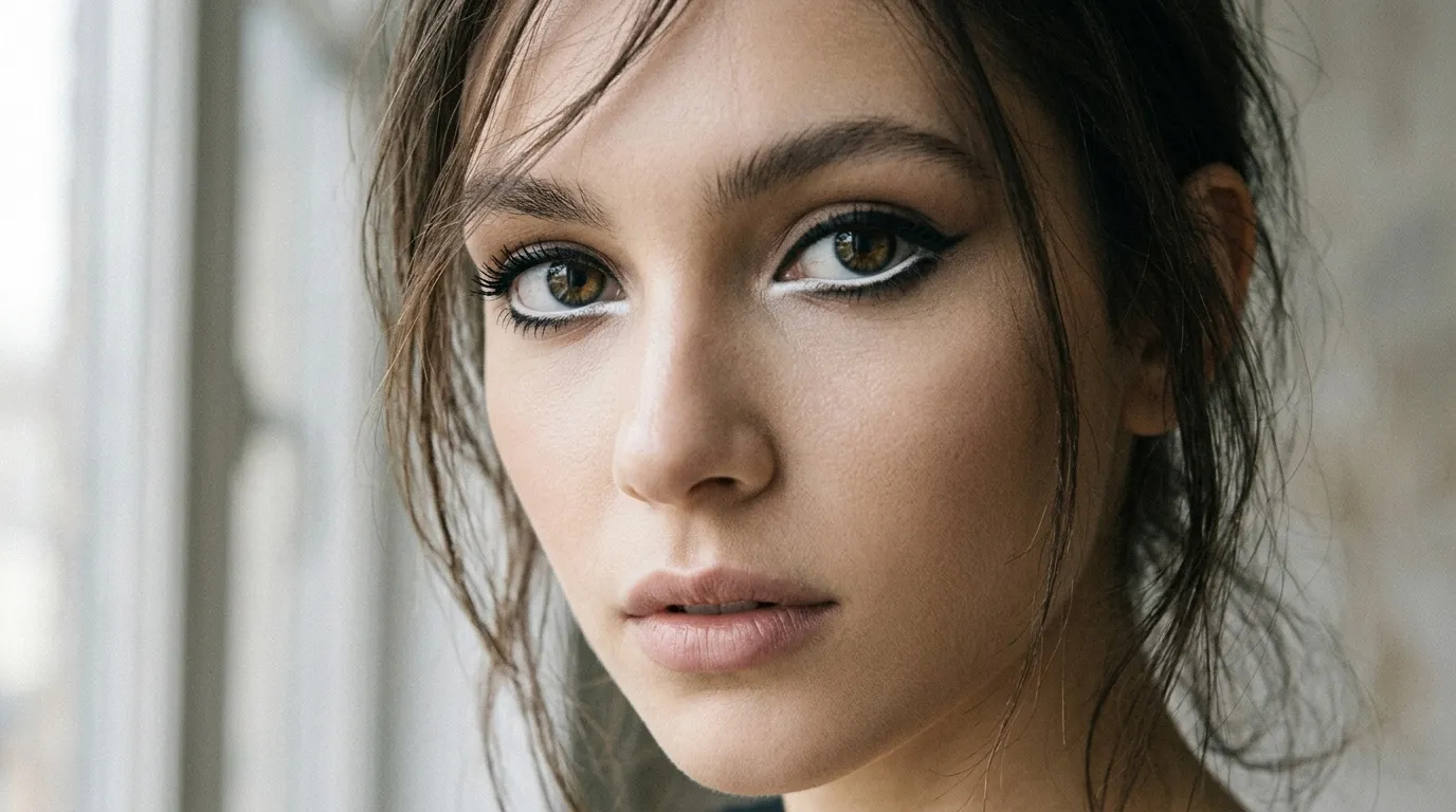 Portrait d'une femme aux yeux ambré regardant vers l'écran