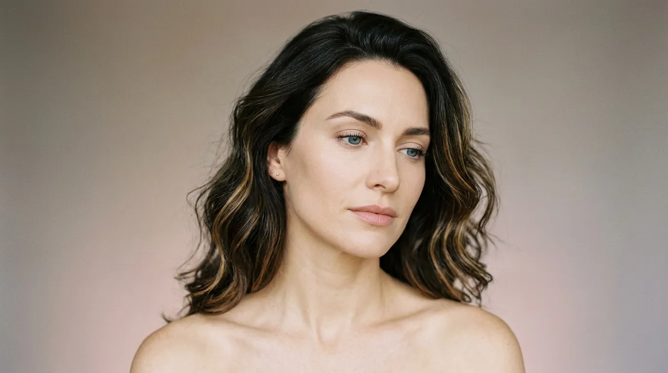 Femme aux cheveux ondulés bruns regardant vers le bas