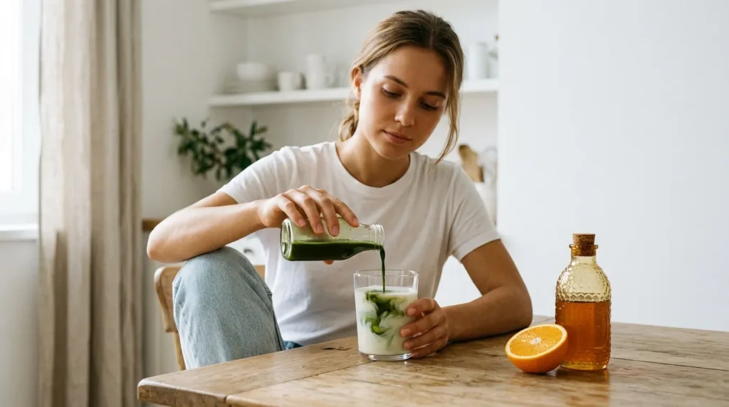 Femme versant du jus vert dans un verre avec fruits
