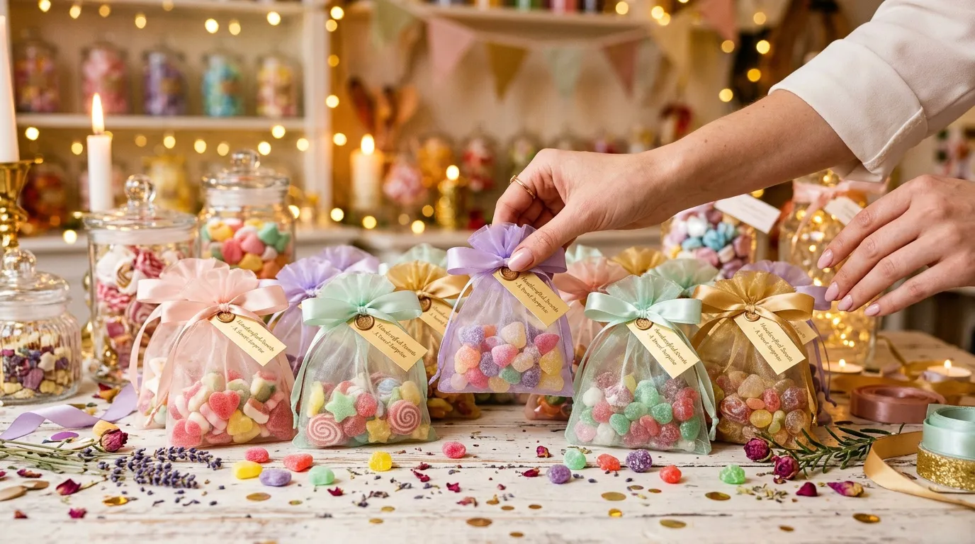 Main arrangeant des sachets de bonbons colorés avec rubans pastel