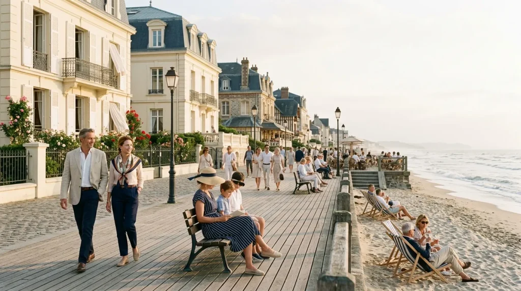 Promenade balnéaire avec plage, architecture Belle Époque et visiteurs.