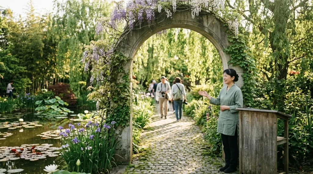 Femme admirant un jardin avec arche fleurie et visiteurs