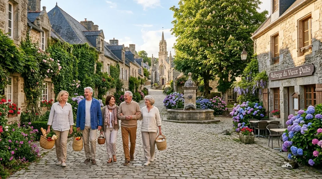 Cinq personnes marchent dans une rue pavée fleurie de Bretagne