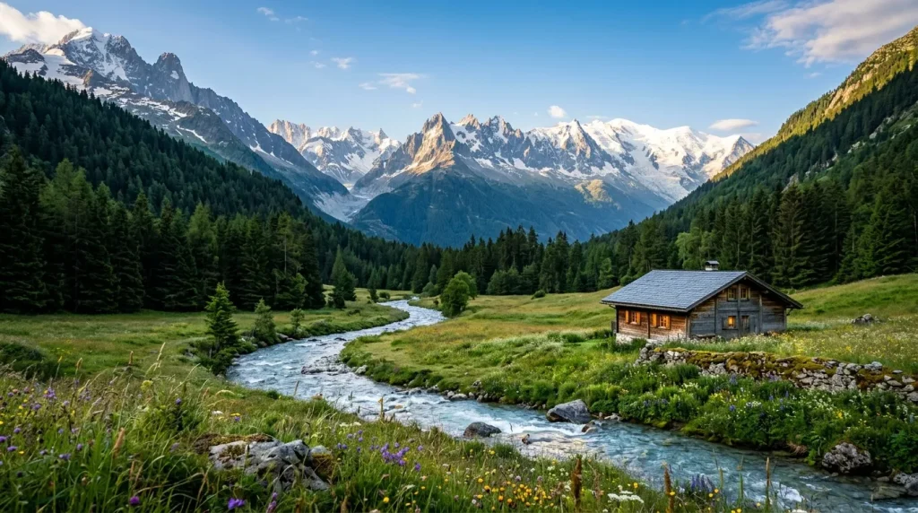 Petit chalet en montagne avec rivière et pics enneigés