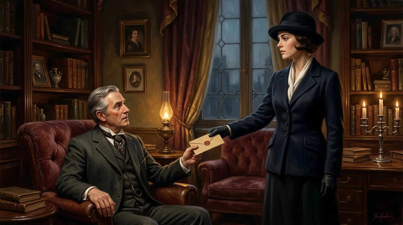 Femme en costume noir remet une enveloppe à un homme assis dans une bibliothèque.