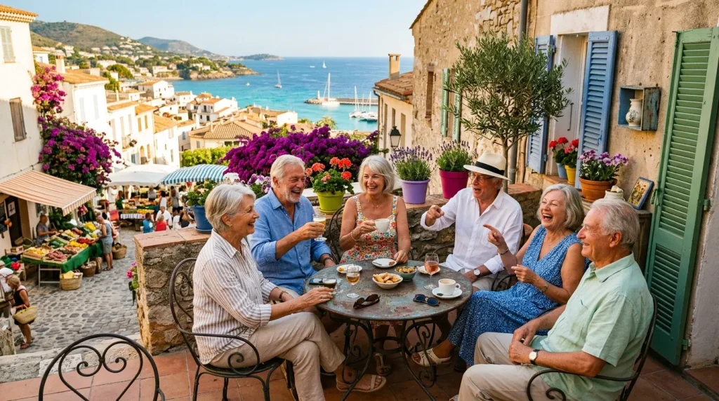Groupe de seniors riant autour d'une table en terrasse méditerranéenne