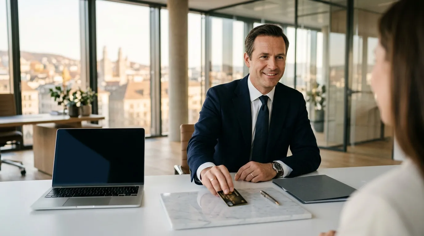 Homme d'affaires en costume sourit durant entretien professionnel