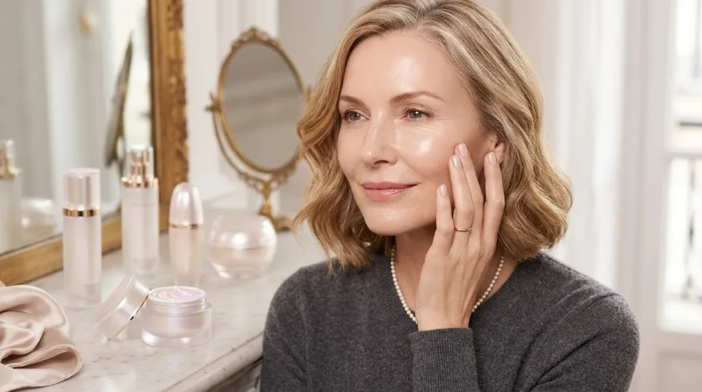 Femme appliquant crème cosmétique devant miroir salle bain