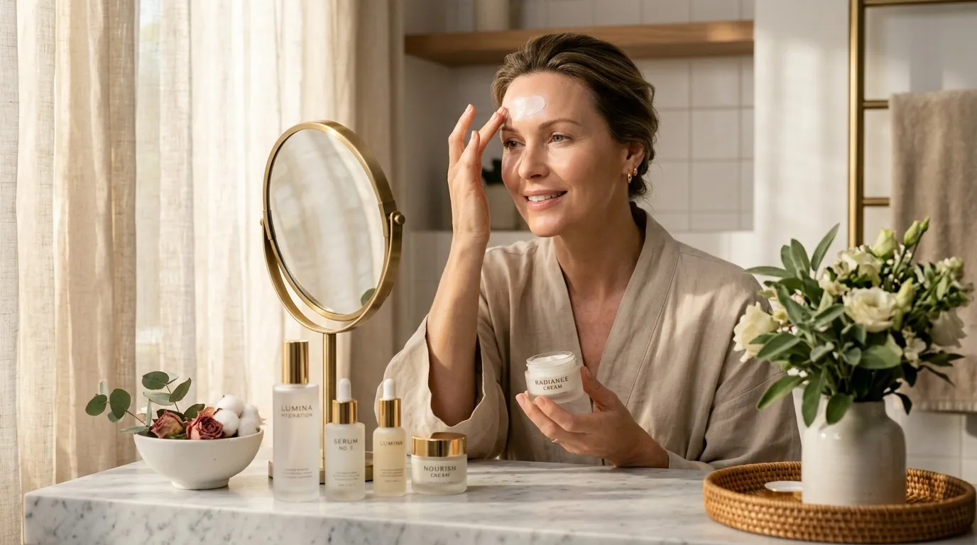 Femme appliquant crème de beauté face au miroir