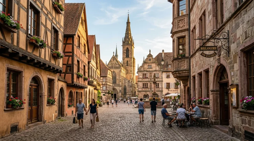 Rue pavée médiévale avec église, maisons colorées, touristes