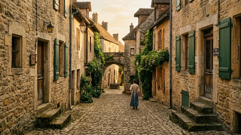 Femme marche dans ruelle pavée de pierre, maisons anciennes verdoyantes