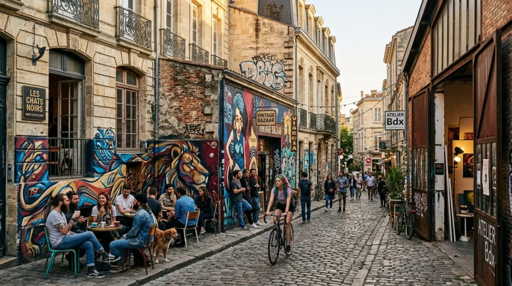 Rue pavée parisienne avec cafés, graffitis colorés et cyclistes