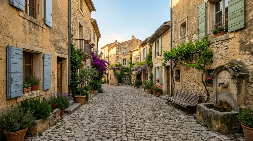 Rue pavée pittoresque avec maisons en pierre et fleurs colorées