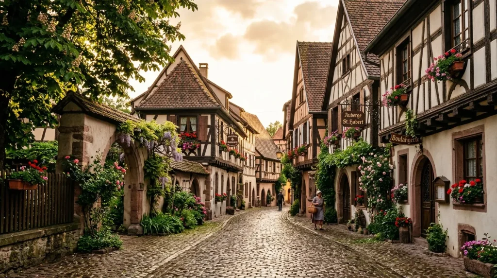Rue pavée de village alsacien avec maisons à colombages fleuries
