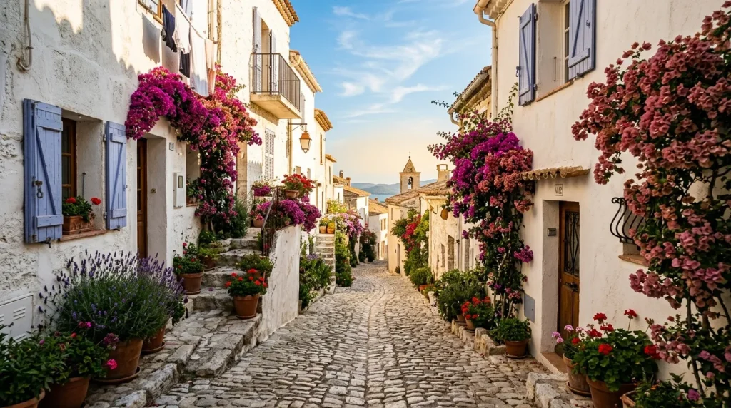 Ruelle pavée bordée de maisons blanches et fleurs magenta