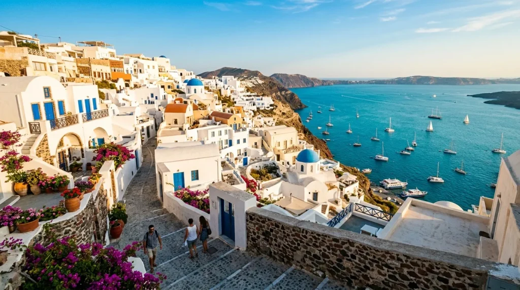 Village blanc et bleu surplombant la mer Égée avec bateaux