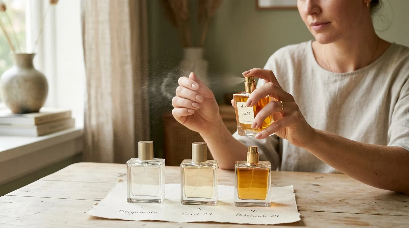 Femme testant des flacons de parfum sur table blanche
