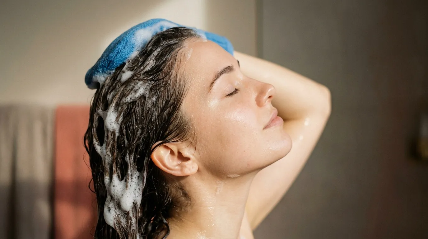 Femme se lave les cheveux avec du shampoing sous la douche
