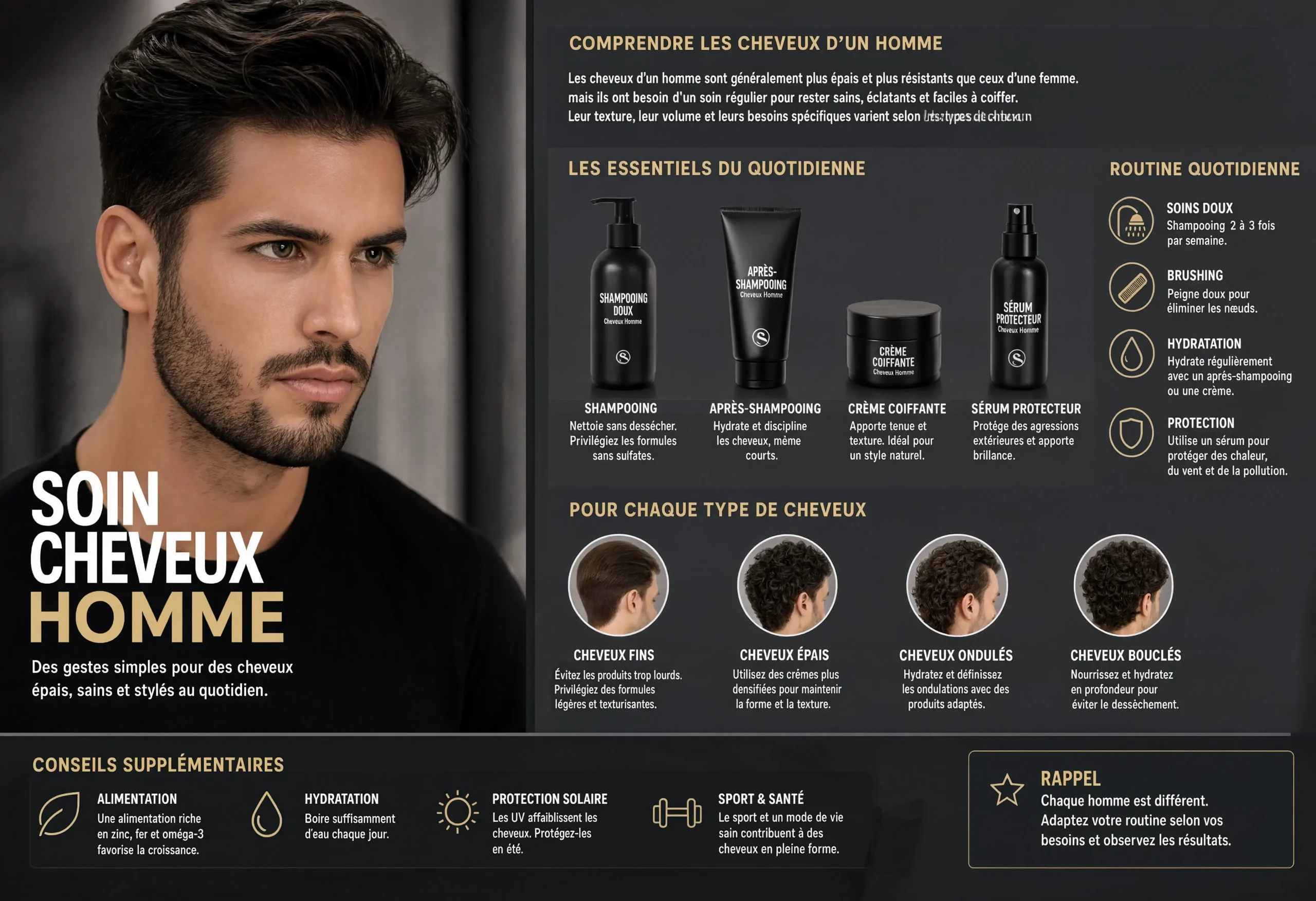 On voit un homme aux cheveux épais à côté d'un guide de soins capillaires pour hommes, présentant des photos de produits, des routines de soins et des conseils adaptés à différents types de cheveux, en français.