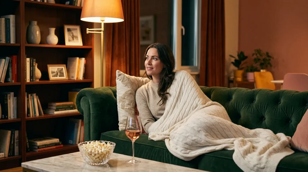 Femme relaxante sur canapé vert avec couverture et verre de vin