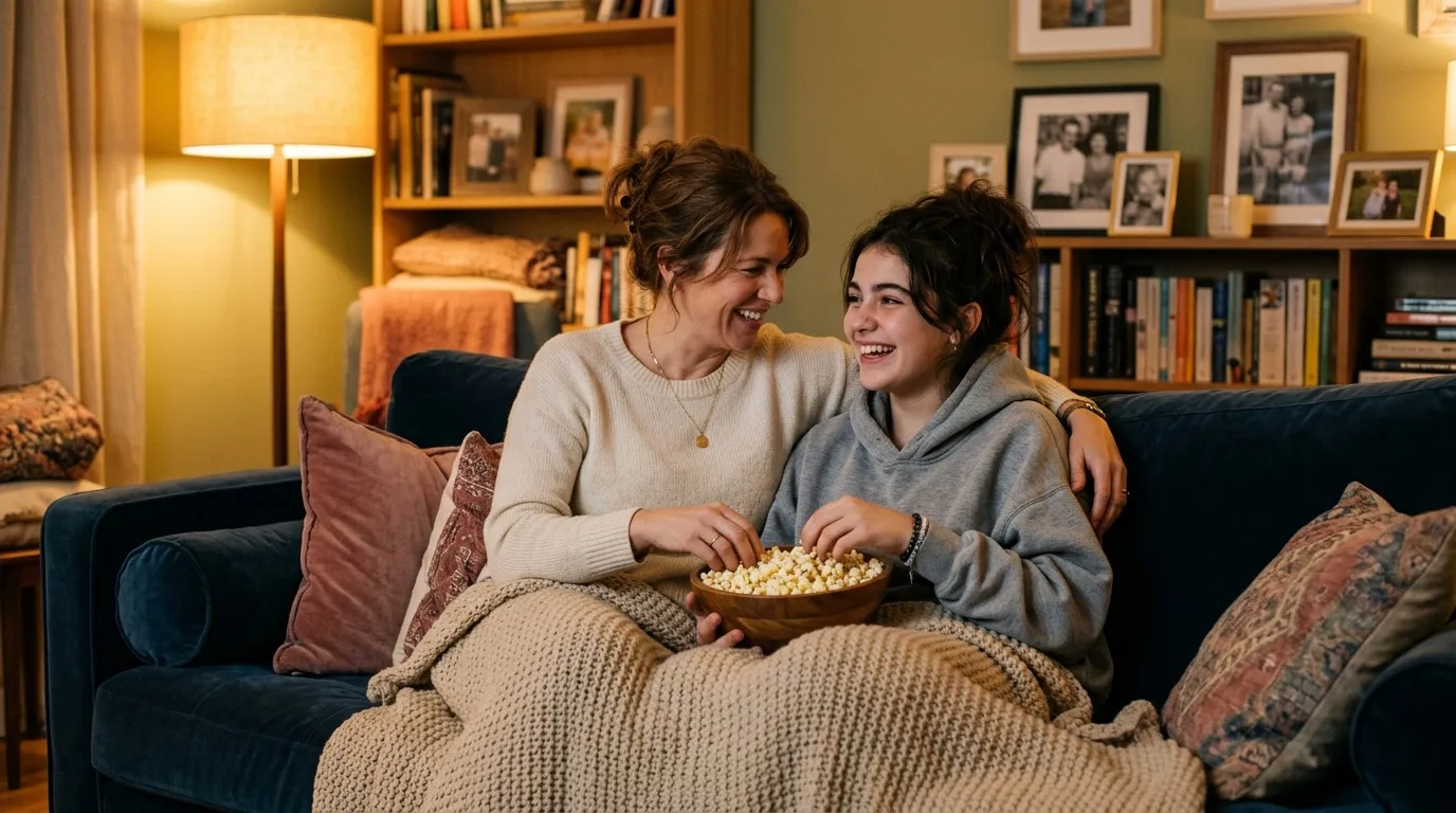 Deux femmes souriantes regardent ensemble, partageant du pop-corn sur le canapé