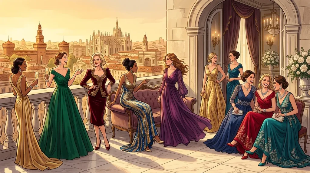 Femmes en robes de gala sur une terrasse milanaise ensoleillée