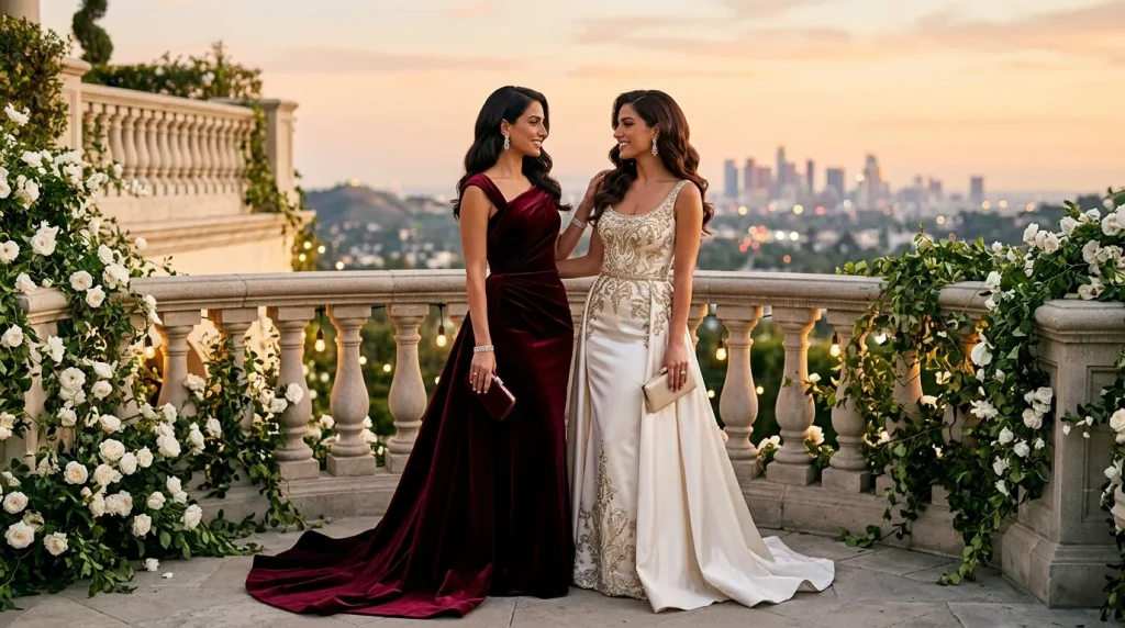 Deux femmes en robes de gala sur une terrasse avec vue sur la ville