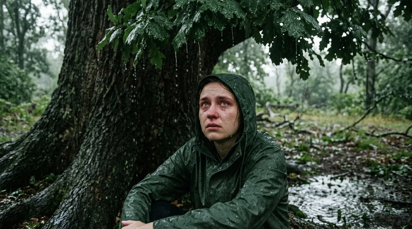 Homme seul sous la pluie, assis près d'un grand arbre