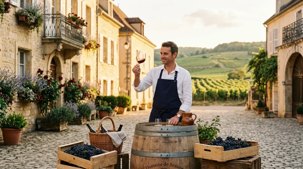 Homme en apron tenant verre de vin rouge devant vignobles