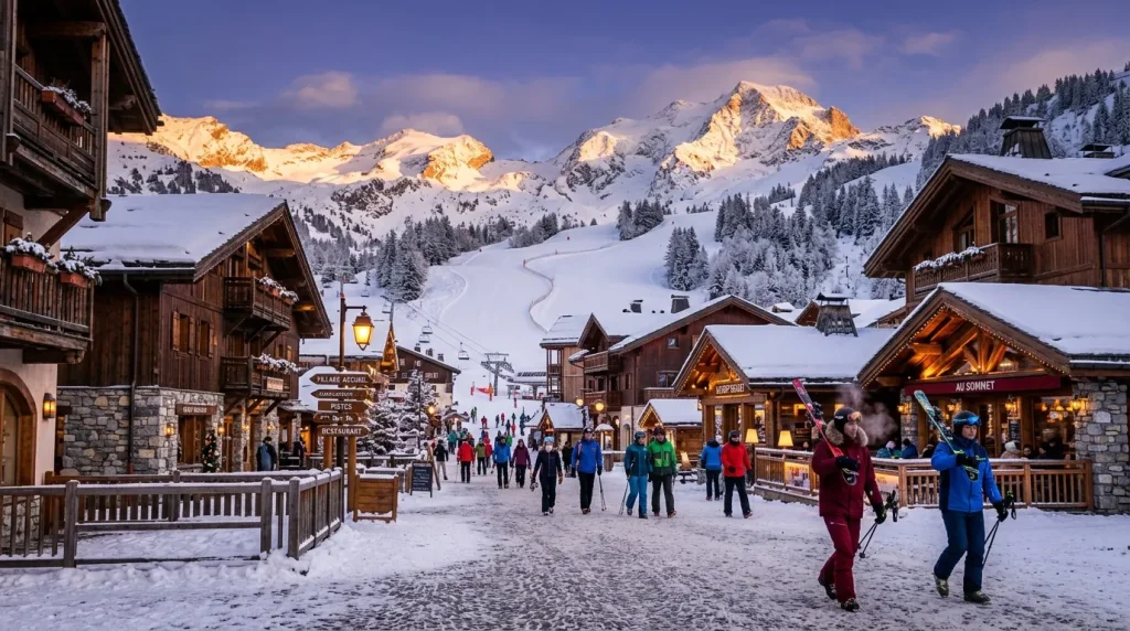 Village montagnard enneigé avec pistes de ski et chalets.