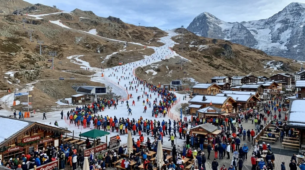 Foule de skieurs sur piste enneigée montagne