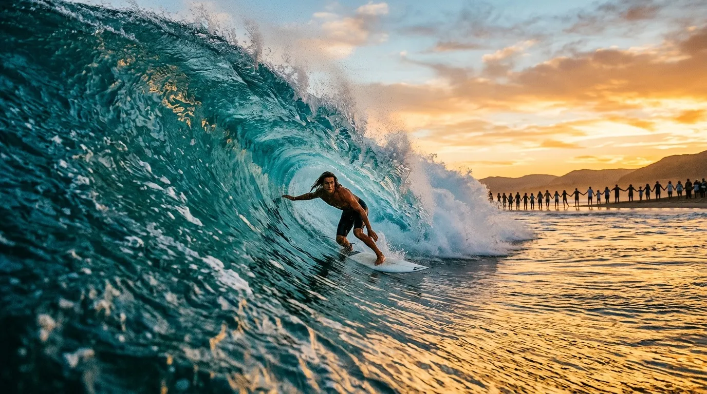 Surfeur chevauchant une vague creuse au coucher soleil