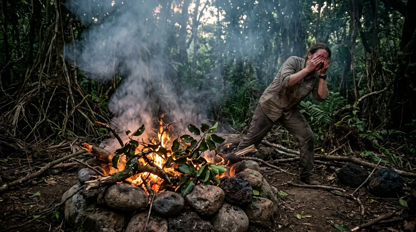Homme cherchant refuge près d'un feu dans la jungle