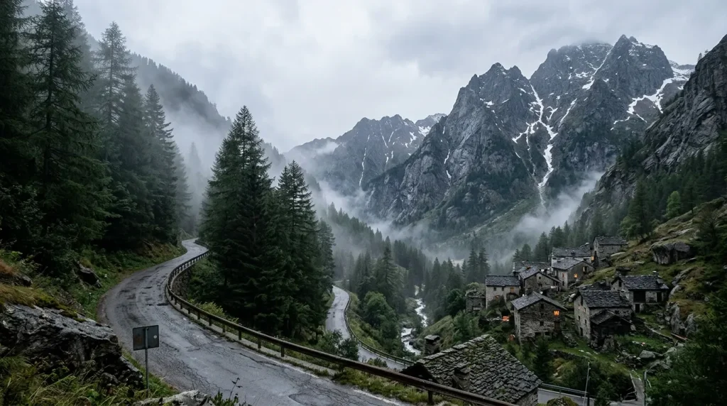 Route sinueuse traversant vallée alpine brumense avec villages montagnards