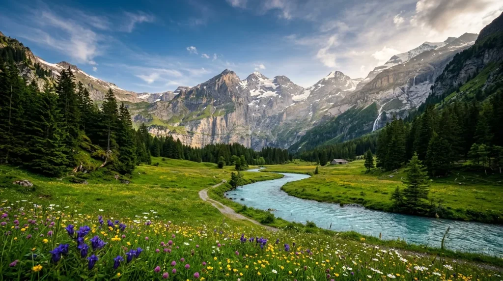 Vallée de montagne avec rivière, fleurs sauvages et pics enneigés